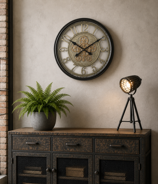 Wanduhr, Schwarz/ Bronze, 46 cm, mit beweglichen Rädern, die pure Erfahrung von Zeit   3569
